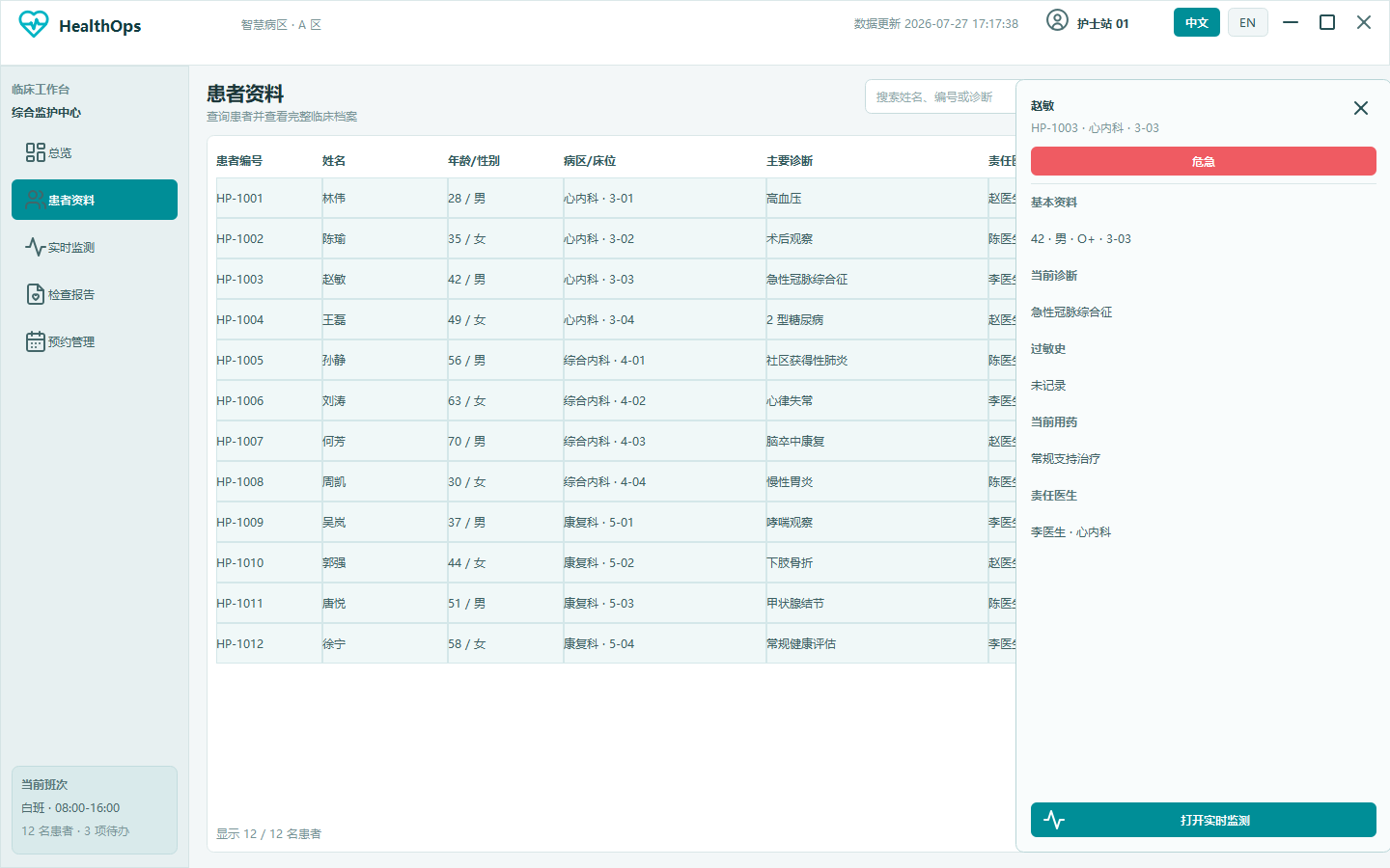患者列表 - HealthOps 患者监护中心